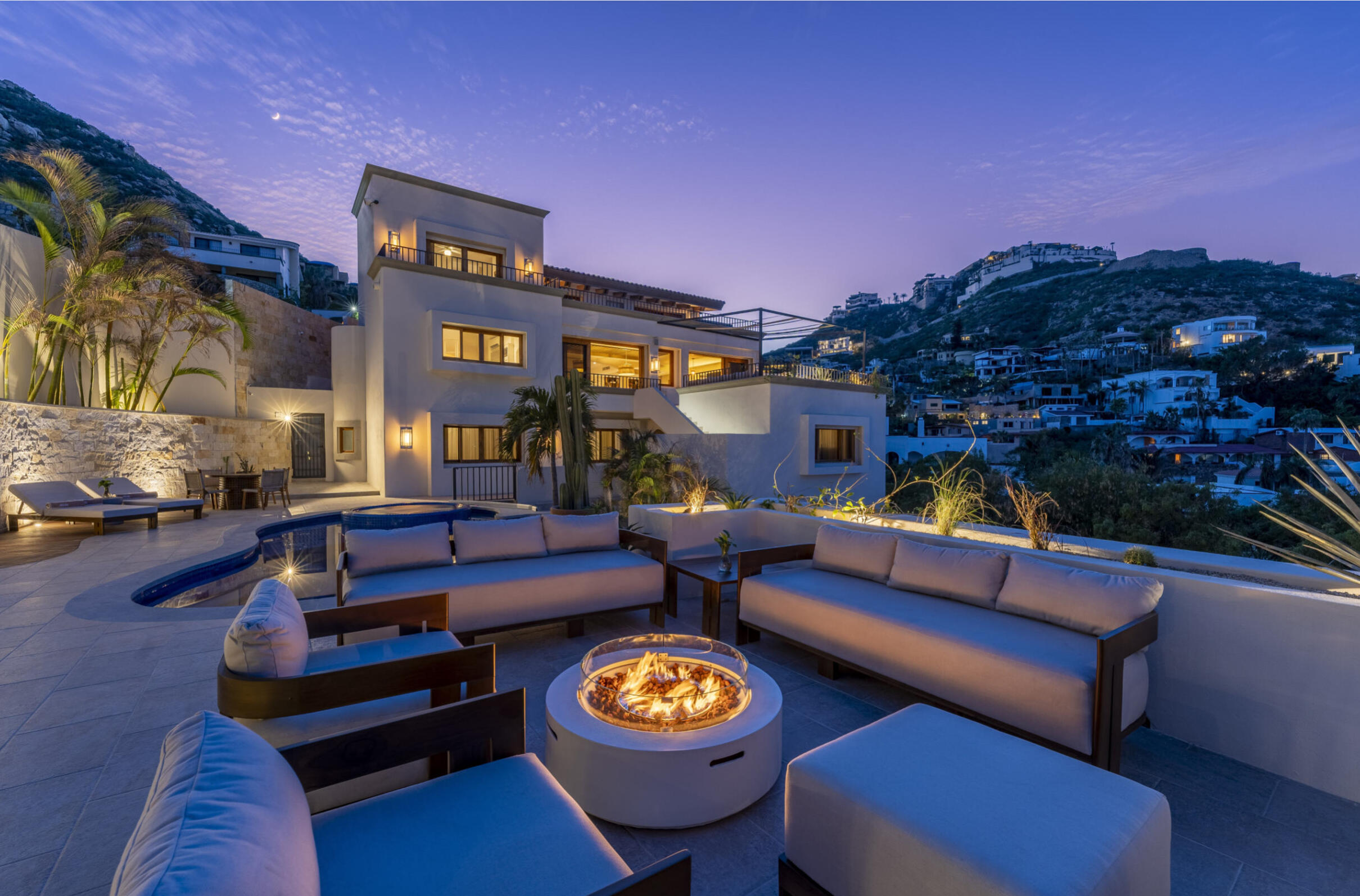 Los Cabos Luxury Las Terrazas Set along the 15th hole of the El Cardonal Golf Course, panoramic vistas extend from rolling fairways to the Pacific, delivering striking sunrises and sunsets.This four-bedroom, 4.5-bath home blends refined design with seamless indoor-outdoor living. Open-concept interiors feature Palecek furnishings, while each bathroom showcases hand-painted Mexican tile for warmth and authenticity.Outdoor living includes a private pool and elevated hot tub, outdoor grill and wet bar, lush landscaping, and expansive terraces with golf course and ocean for sale