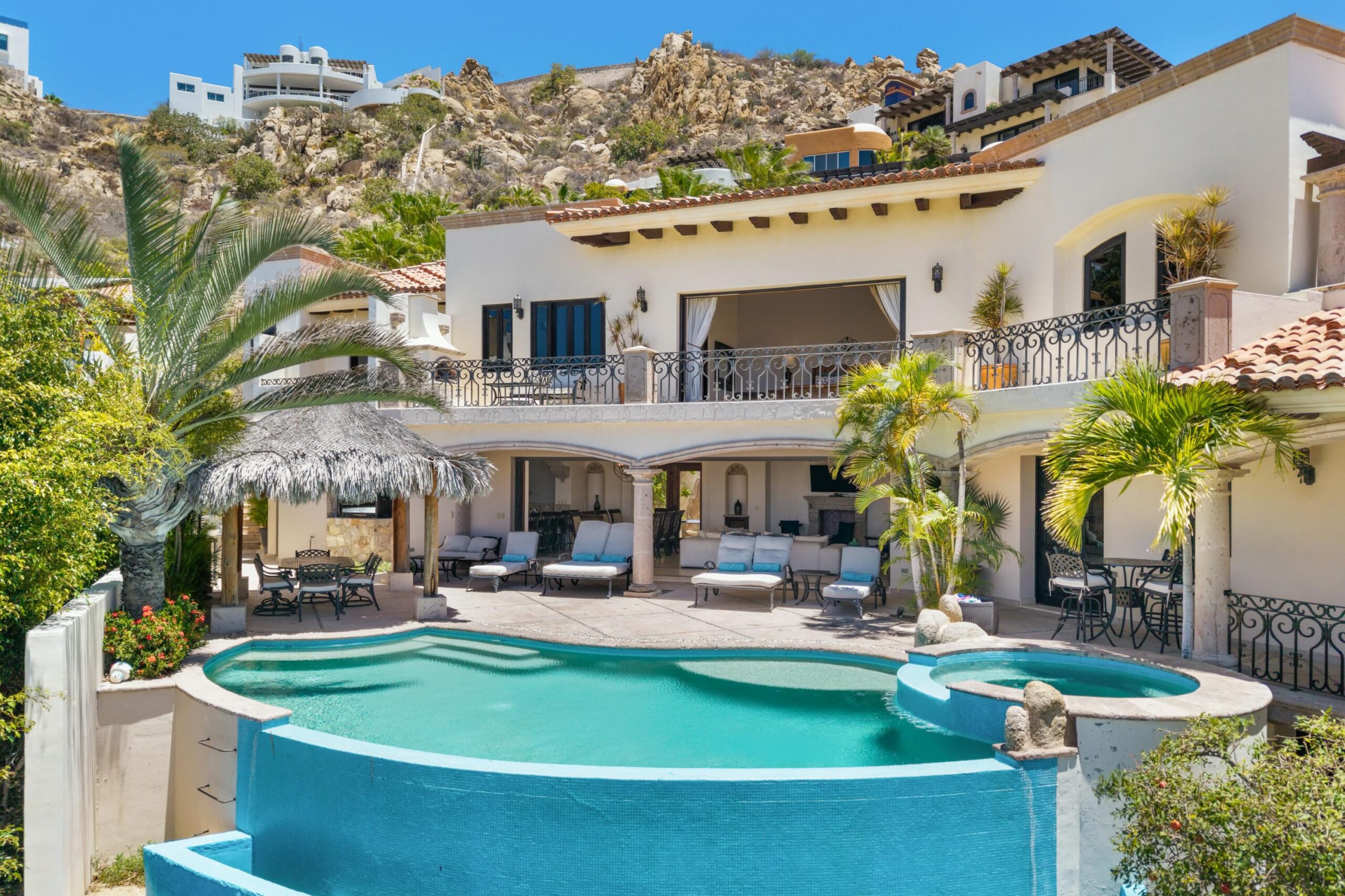 Los Cabos Luxury Pedregal Csl First time on the market, Villa Antigua is a six-bedroom, seven-bathroom residence located within the prestigious community of Pedregal, offering a rare opportunity to own a timeless property in Cabo's most exclusive neighborhood.Antigua blends classic Mexican architecture with hacienda-style furnishings, creating an atmosphere of inviting and understated luxury. Dramatic architectural details and exceptional craftsmanship are evident throughout, including stone columns, marble floors, and tasteful designer décor in warm earth tones.Its spacious layout includes six generously sized bedrooms, ideal for both private enjoyment and high-end rental use. The upper level bedrooms provide enhanced privacy, beautiful ocean for sale