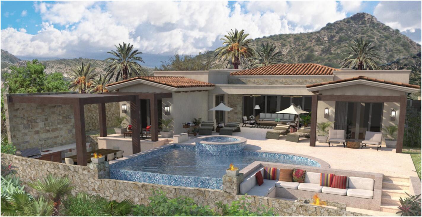 Los Cabos Luxury Coronado The Luna 5 bed home plan. The floor plan boasts a great room with vaulted ceilings over the living/dining area which looks out over the large covered terrace and the hand-made infinity edge pool beyond. The chefs kitchen with huge island with seating boasts Wolf and Sub-Zero appliances. The master and guest master have large ensuite baths w/ shower and tubs, and also both have ocean for sale