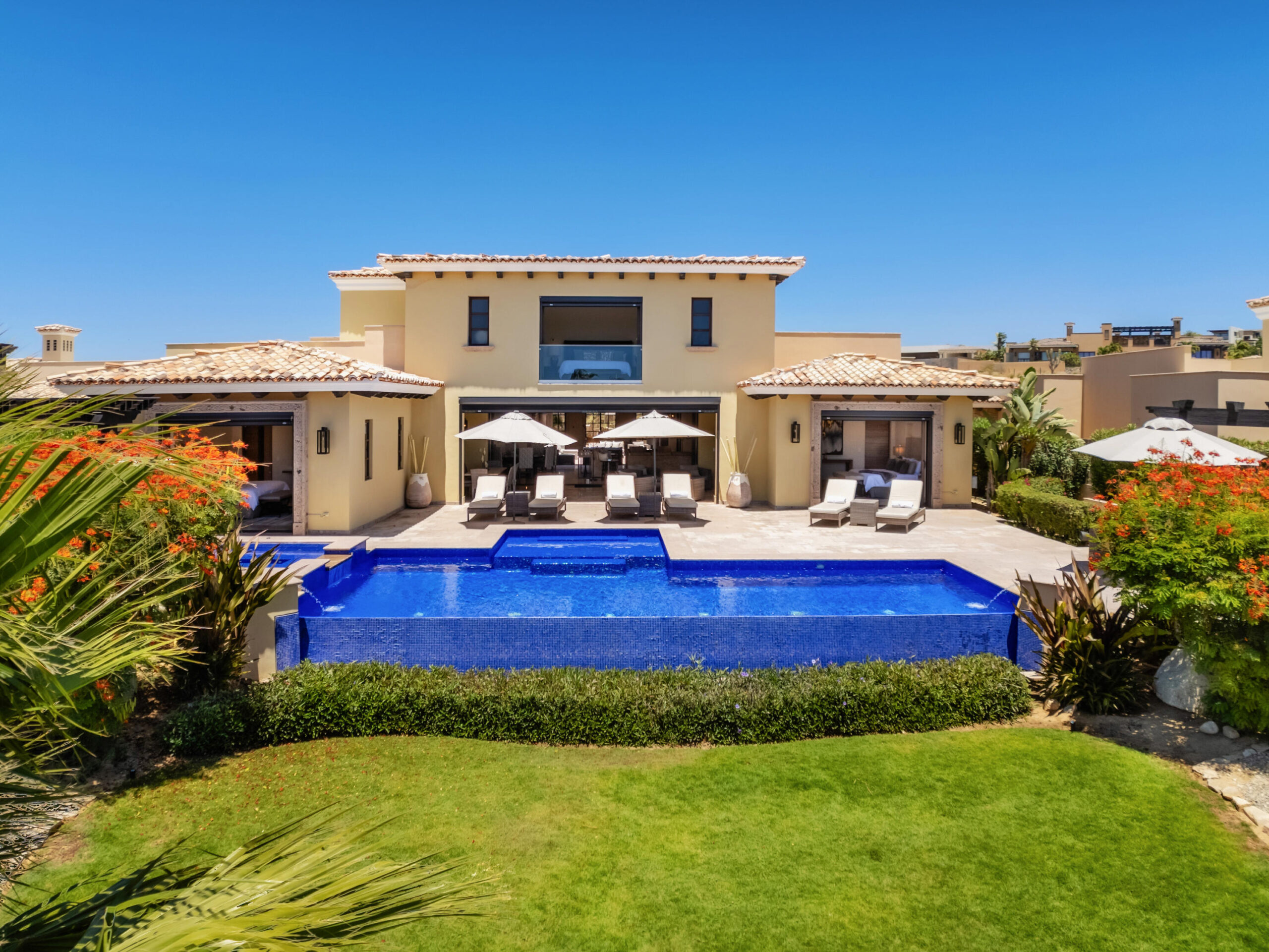 Los Cabos Luxury Golf Villas Overlooking the Tiger Woods designed Oasis 12-hole Short Course within Diamante Cabo San Lucas, this unique six-bedroom, six-bathroom contemporary hacienda-style residence offers a seamless blend of comfort, design, and natural surroundings.Upon entry, a private central courtyard welcomes you, with bedrooms thoughtfully arranged around it, creating both privacy and a strong sense of connection. The home flows naturally into an open-concept great room, where the kitchen, dining, and living areas come together around a warm fireplace, all opening onto a covered terrace.Designed to embrace Cabo's for sale