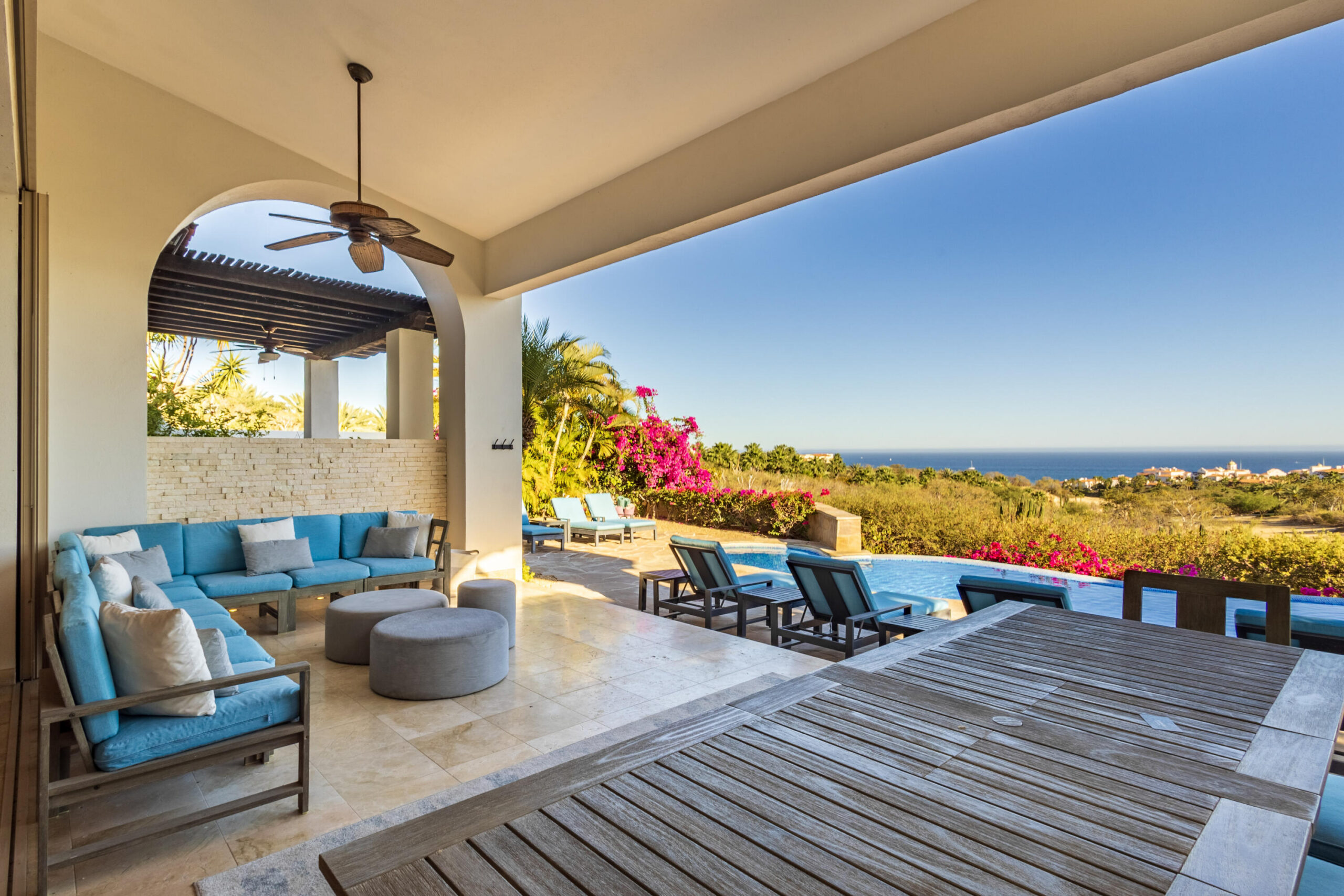 Los Cabos Luxury Section 18- Horizontes Welcome to Horizontes 3, an exquisite custom-made home located within San José del Cabo's most sought-after community, Querencia. Surrounded by Tom Fazio's signature golf course, recognized as one of the best in the country, this stunning residence is just a short golf cart ride from the prestigious 5-star Club House. This remarkable 6-bedroom, 6.5-bathroom home elevates luxury living with a fresh vision of architecture and design. The layout features a cozy family room, an expansive bunk bed bedroom on the lower level, and a spacious maid's quarters with an independent entrance, making it ideal for entertaining family and friends.The property boasts outdoor living spaces, including tranquil green areas, an outdoor kitchen, an infinity pool, a jacuzzi, and ocean and ravine for sale
